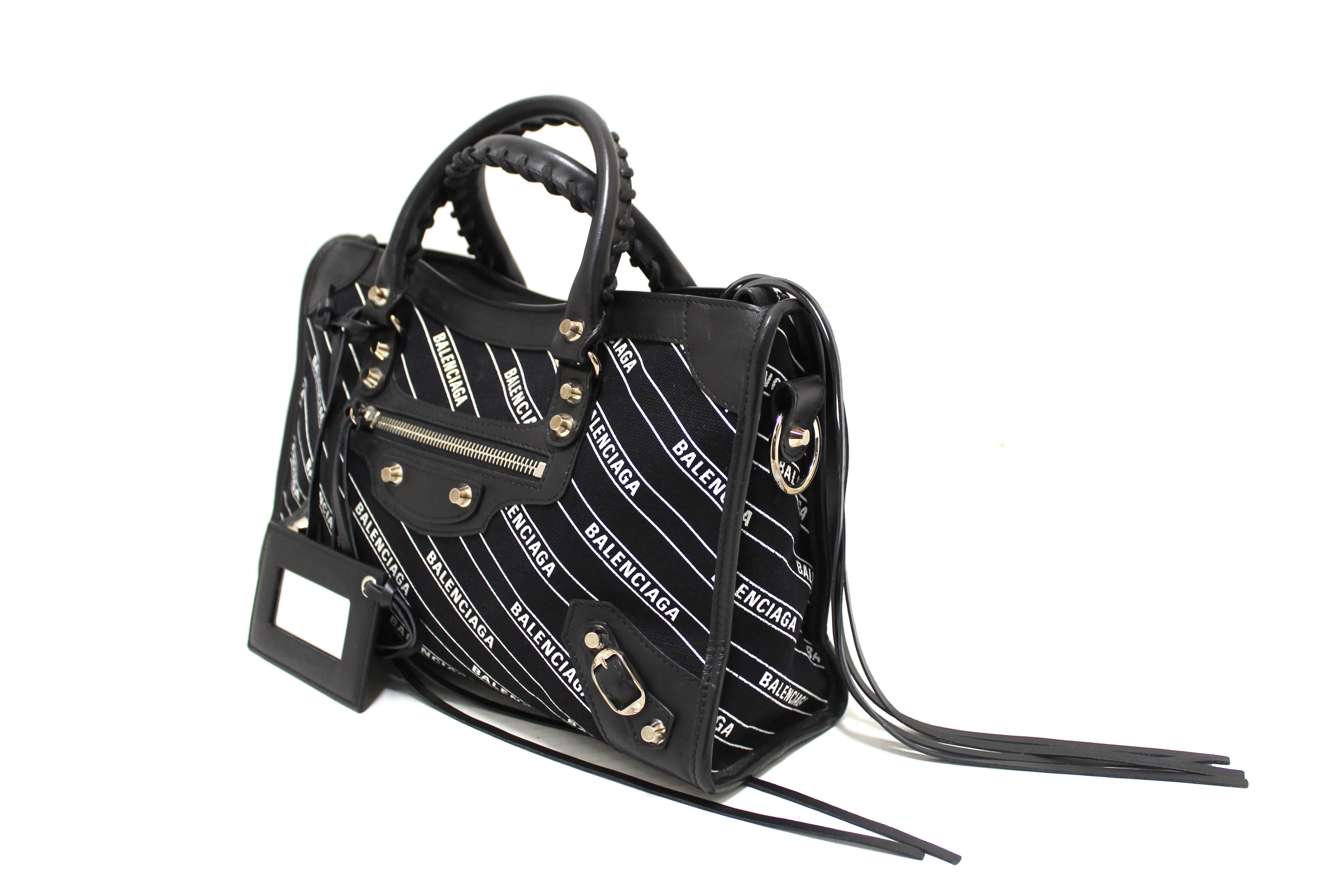 Authentic Balenciaga Black Leather and Logo Fabric S City Bag