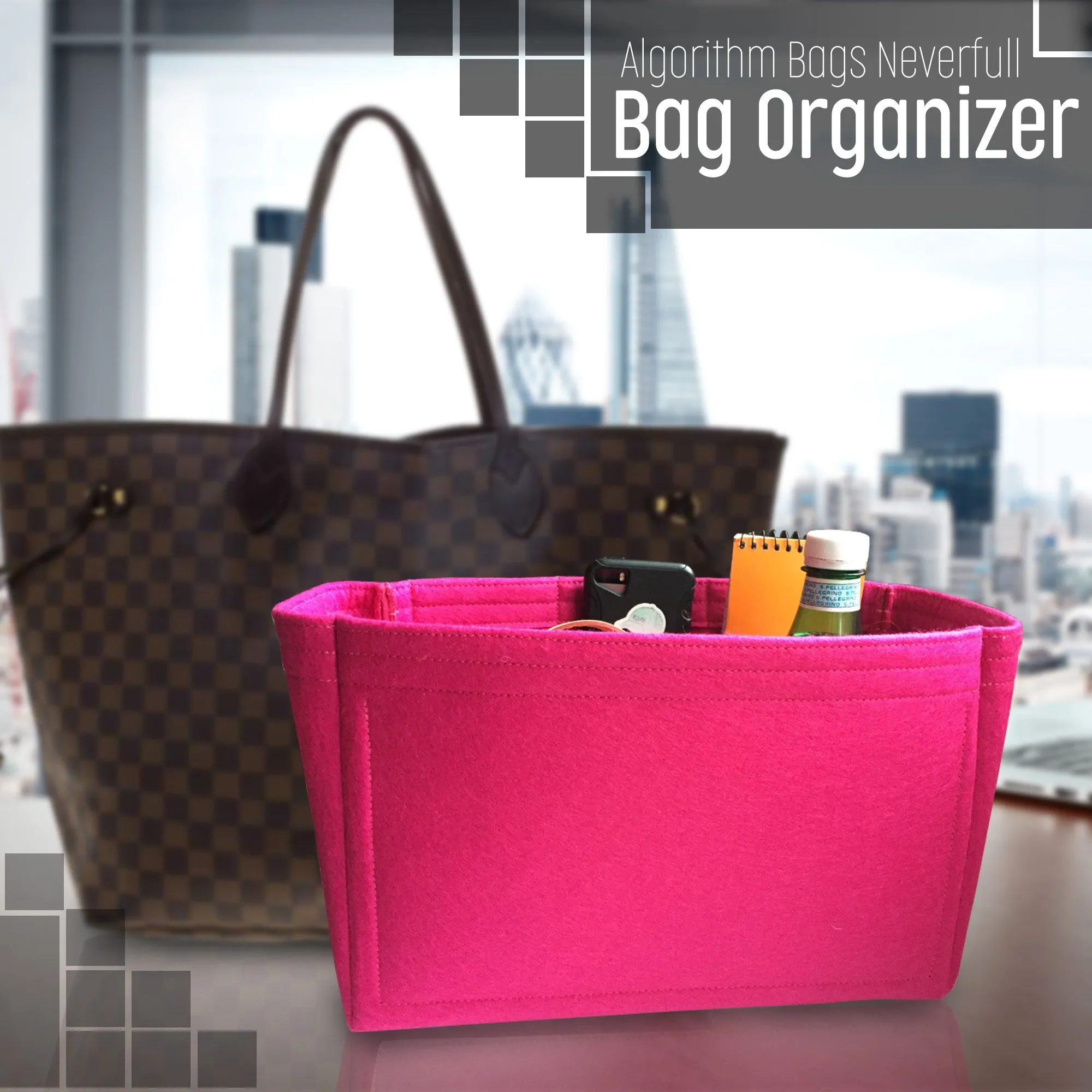 BACK IN! AlgorithmBags® LV Neverfull GM Purse Organizer, Pivoine Peony Fuchsia, for Louis Vuitton, 3mm Felt