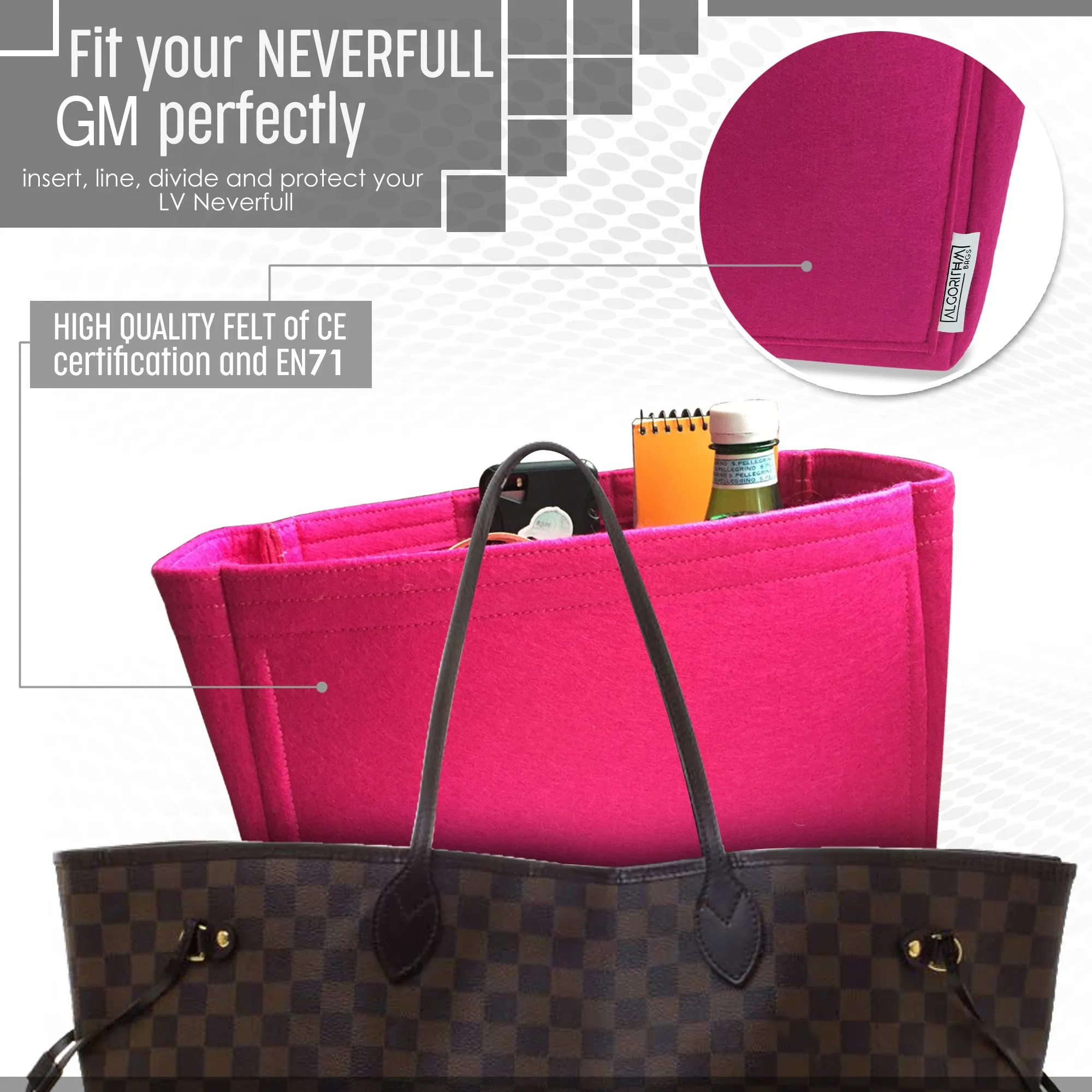 BACK IN! AlgorithmBags® LV Neverfull GM Purse Organizer, Pivoine Peony Fuchsia, for Louis Vuitton, 3mm Felt