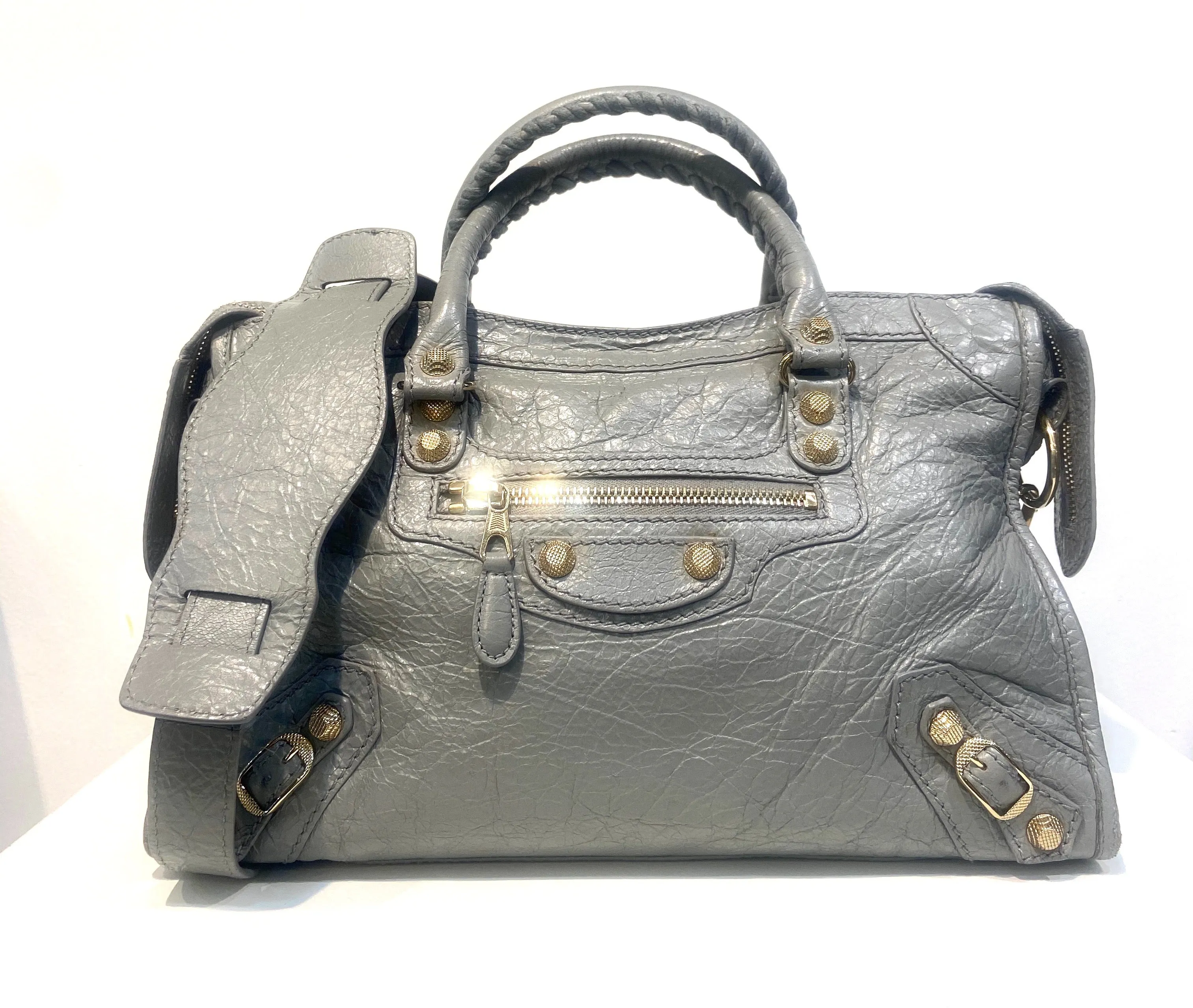 BALENCIAGA AGNEAU LAMBSKIN LEATHER GIANT 12 CITY TOWN GRIS PYRITE BAG