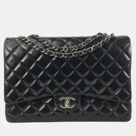 Black Lambskin Leather Jumbo Classic Double Flap Shoulder Bag