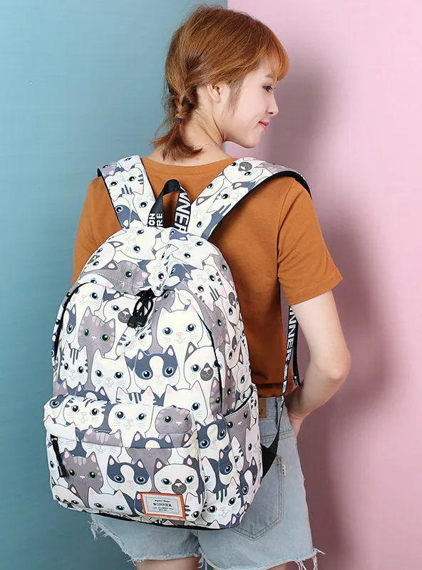 Cat Printing Backpack Women School Students