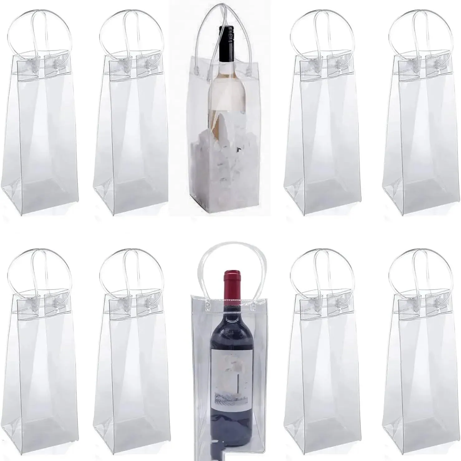 Champagne Bucket Wine Cooler 10 Pack Ice Wine Bag Collapsible Clear PVC Pouch Wine Cooler Bag Wine Chiller Sleeves for Champagne Beer Beverages Drinks Cooler(Transparent 10pcs)