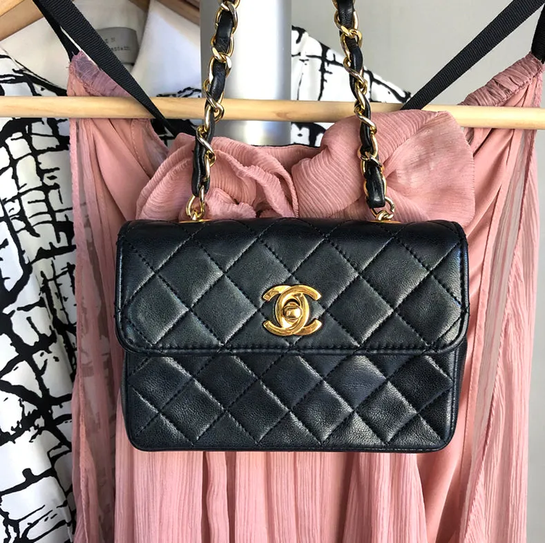 Chanel Vintage 1989 Black Lambskin Micro Mini Classic Flap Bag