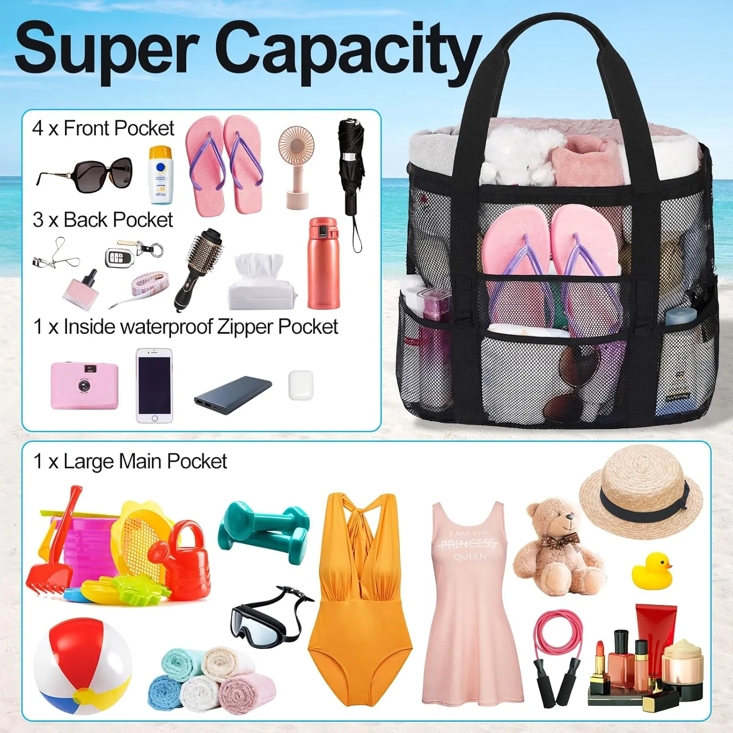 fotwen Large Beach Tote Bag - Plus Waterproof Sandproof Mesh Beach Bag for women