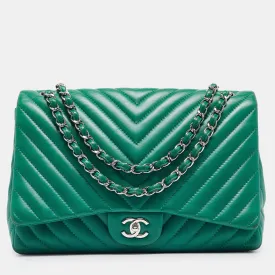 Green Chevron Leather Maxi Classic Single Flap Bag