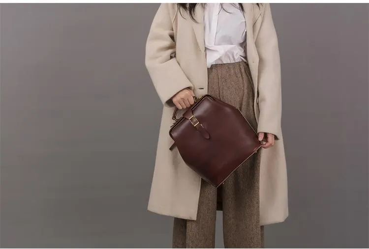 Handmade Womens Coffee Leather Doctor Backpack Purse Shoulder Doctor Handbag for Women