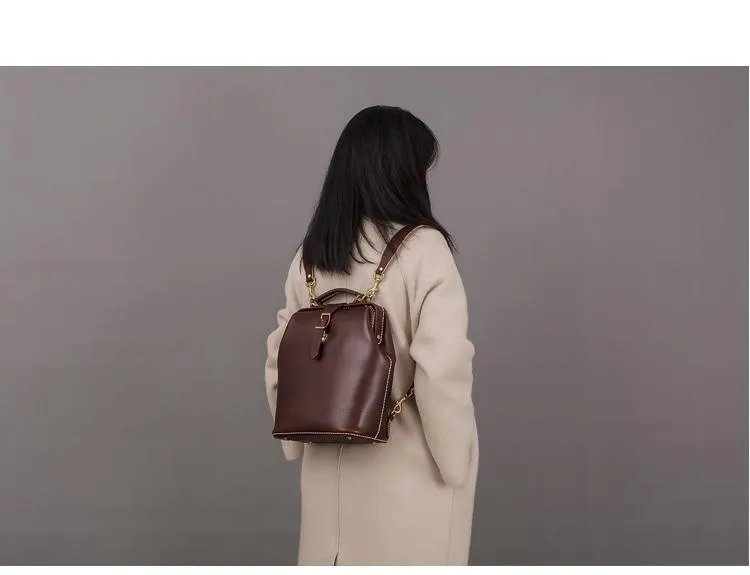 Handmade Womens Coffee Leather Doctor Backpack Purse Shoulder Doctor Handbag for Women