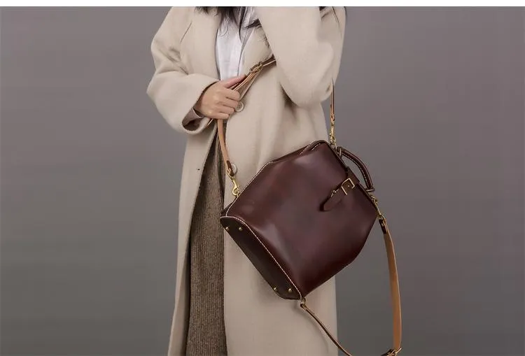 Handmade Womens Coffee Leather Doctor Backpack Purse Shoulder Doctor Handbag for Women