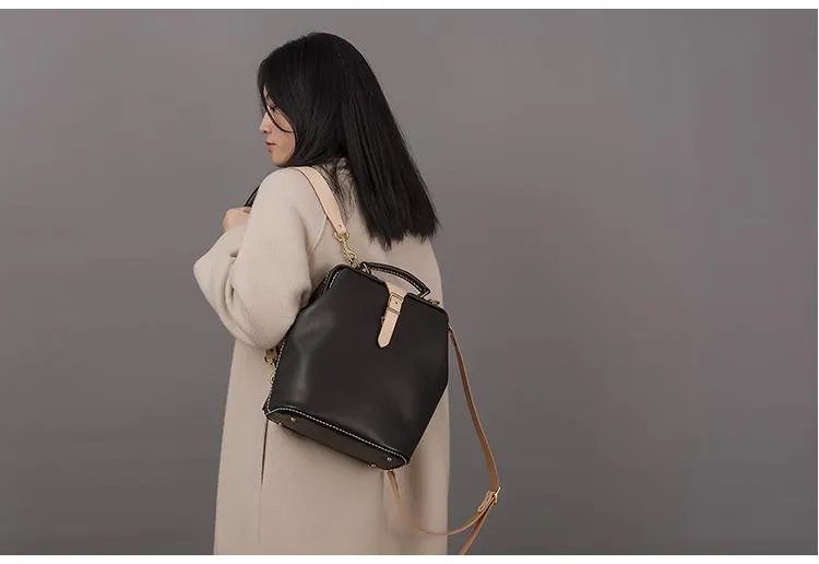 Handmade Womens Coffee Leather Doctor Backpack Purse Shoulder Doctor Handbag for Women
