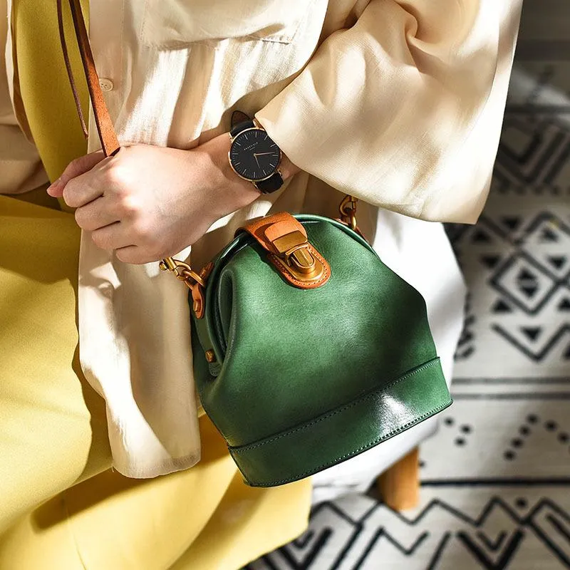 Handmade Womens Green Leather Doctor Bucket Shoulder Purses Green Doctor Crossbody Purse for Women