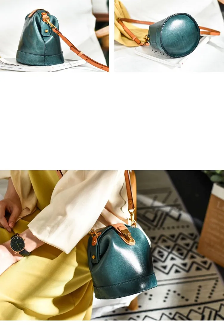 Handmade Womens Green Leather Doctor Bucket Shoulder Purses Green Doctor Crossbody Purse for Women