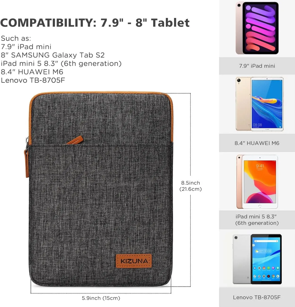 KIZUNA 8 Inch Tablet Sleeve Case Shockproof Water-Resistant Bag for 7.9" Tablet/iPad Mini 4 3 2/Samsung Galaxy Tab A/ 8" Pro/Tab 3 7.0 Lite/S2 8/E 8, LG Huawei M5/ASUS ZenPad Protective Bag - Brown