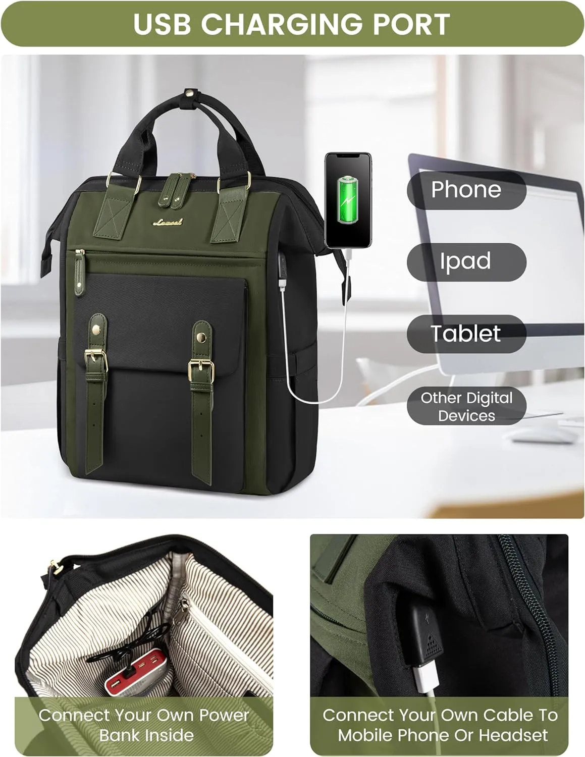 LOVEVOOK Laptop Backpack for Women Work Travel Backpack Purse, Nurse Bags Teacher Doctor Commuter Business Computer Bag, College Backpack Stylish Daypack, 15.6 Inch, Black-army green-army green