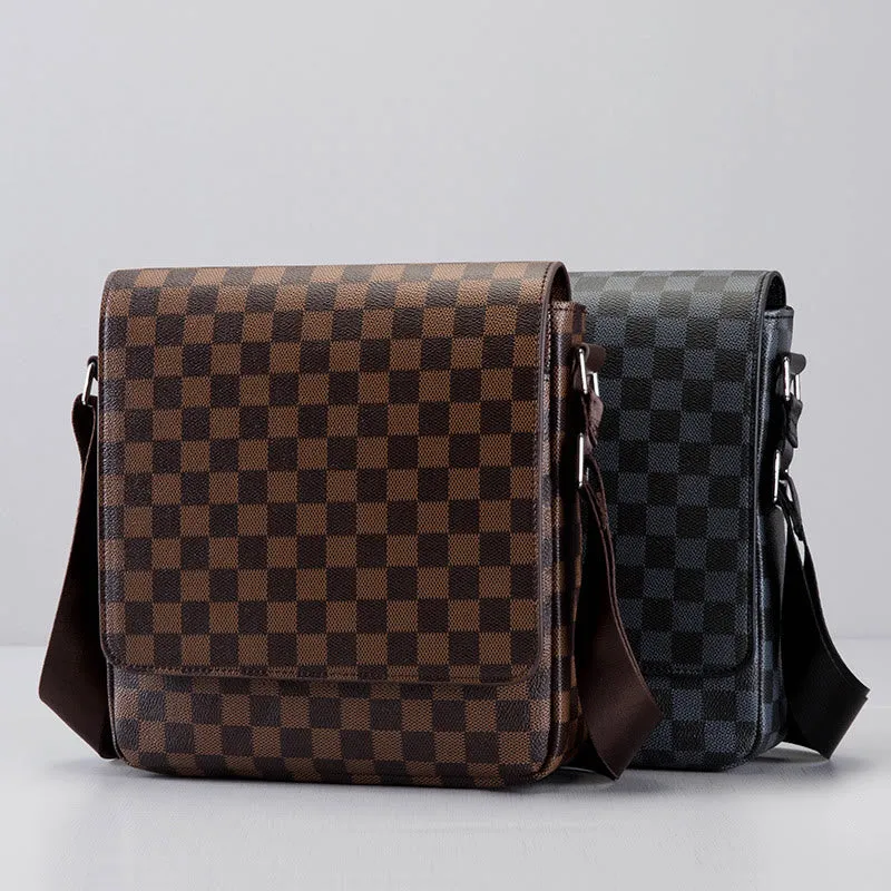 Men's Casual Business Check PU Adjustable Strap Leather Messenger Bag
