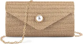 PACETAP Straw Clutch Purse for Women, Pearl Decoration Boho Crossbody Bags Handbags for Beach Travel Vacation Party Prom