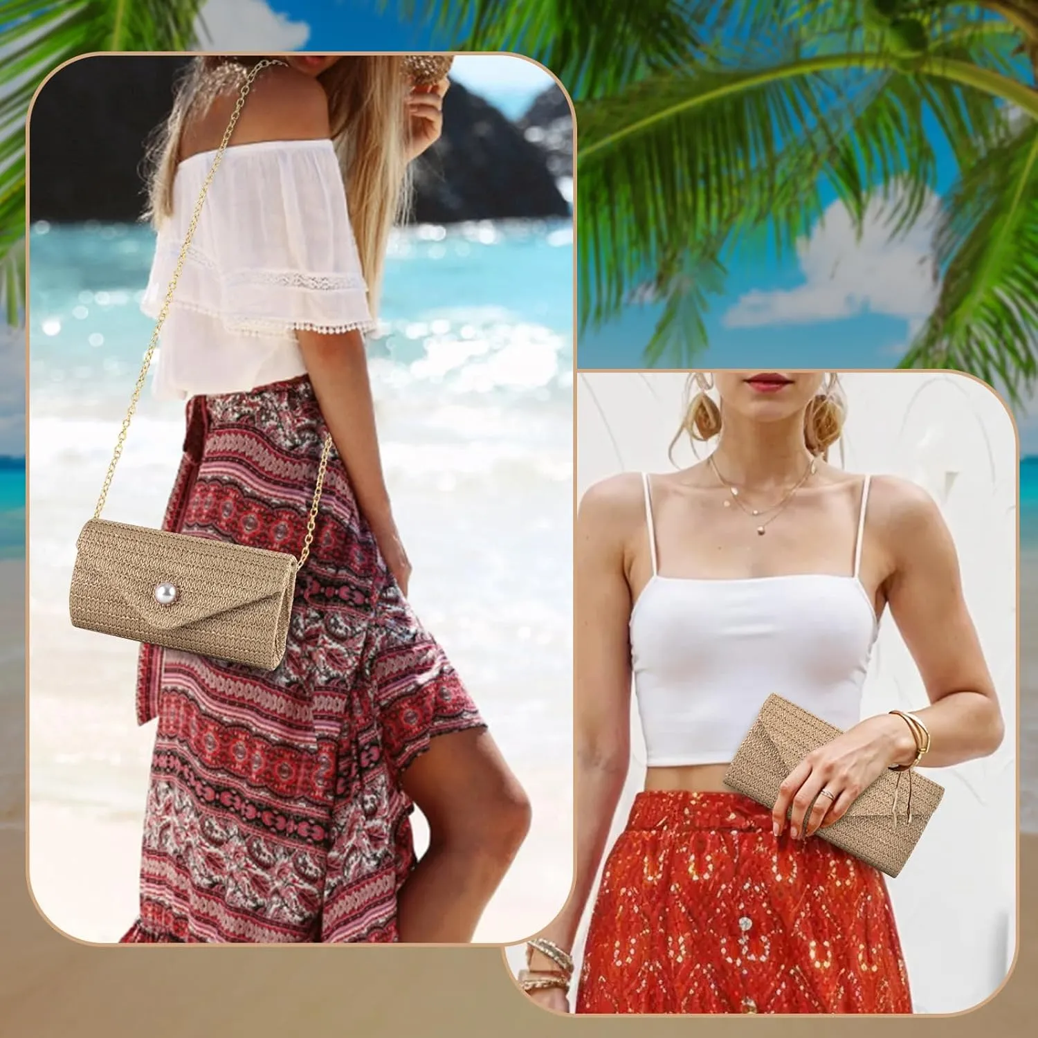 PACETAP Straw Clutch Purse for Women, Pearl Decoration Boho Crossbody Bags Handbags for Beach Travel Vacation Party Prom