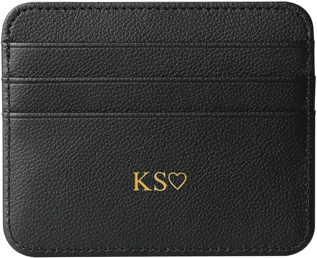 Personalisa Gold Silver Initial letters Credit Card Holder Wallet, PU Leather Ultra Slim Wallet, Thin Minimalist Credit Card Case Card Protector, Front Pocket Wallets for Men, Women (pebble black)
