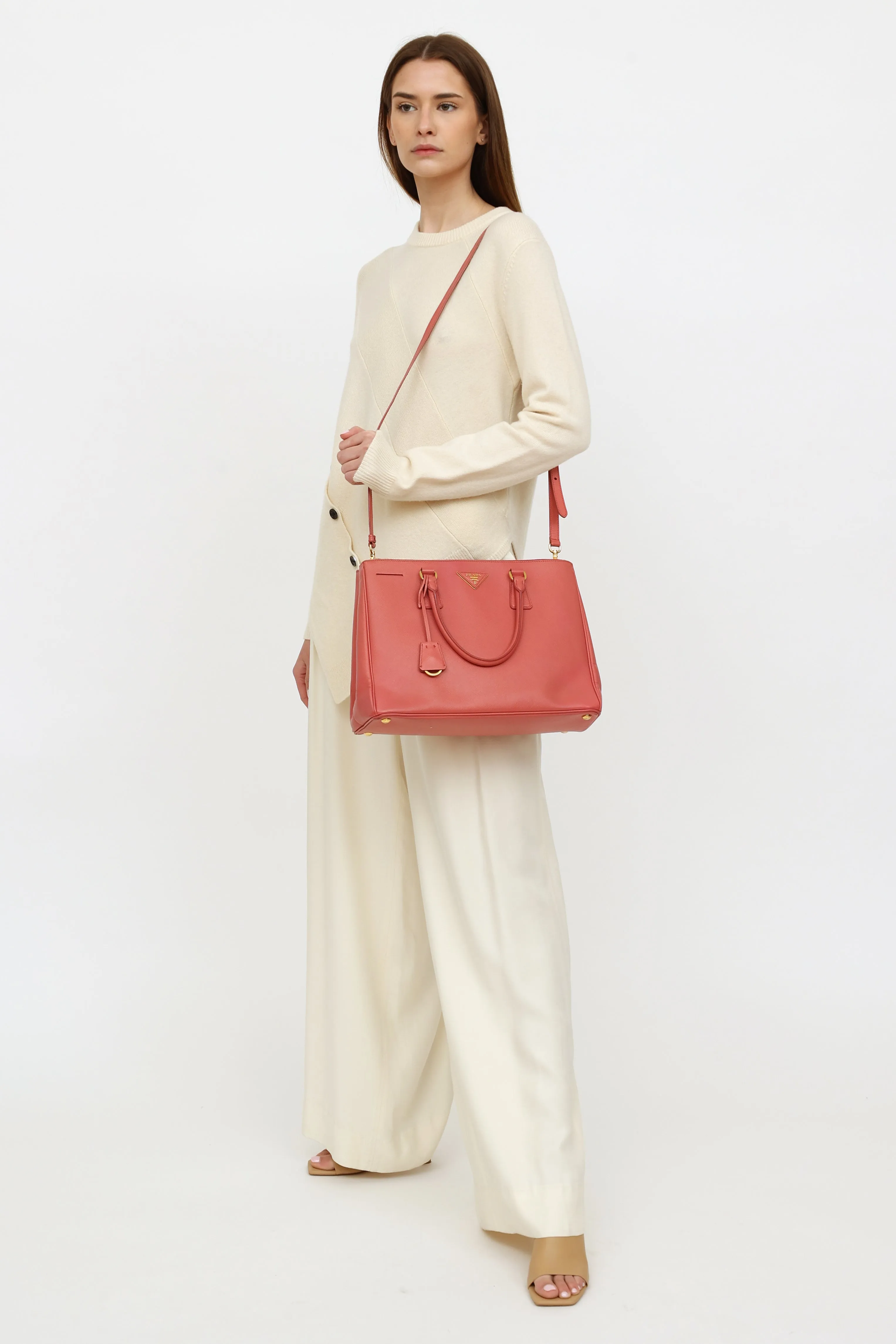 Pink Saffiano Leather Double Zip Galleria Bag
