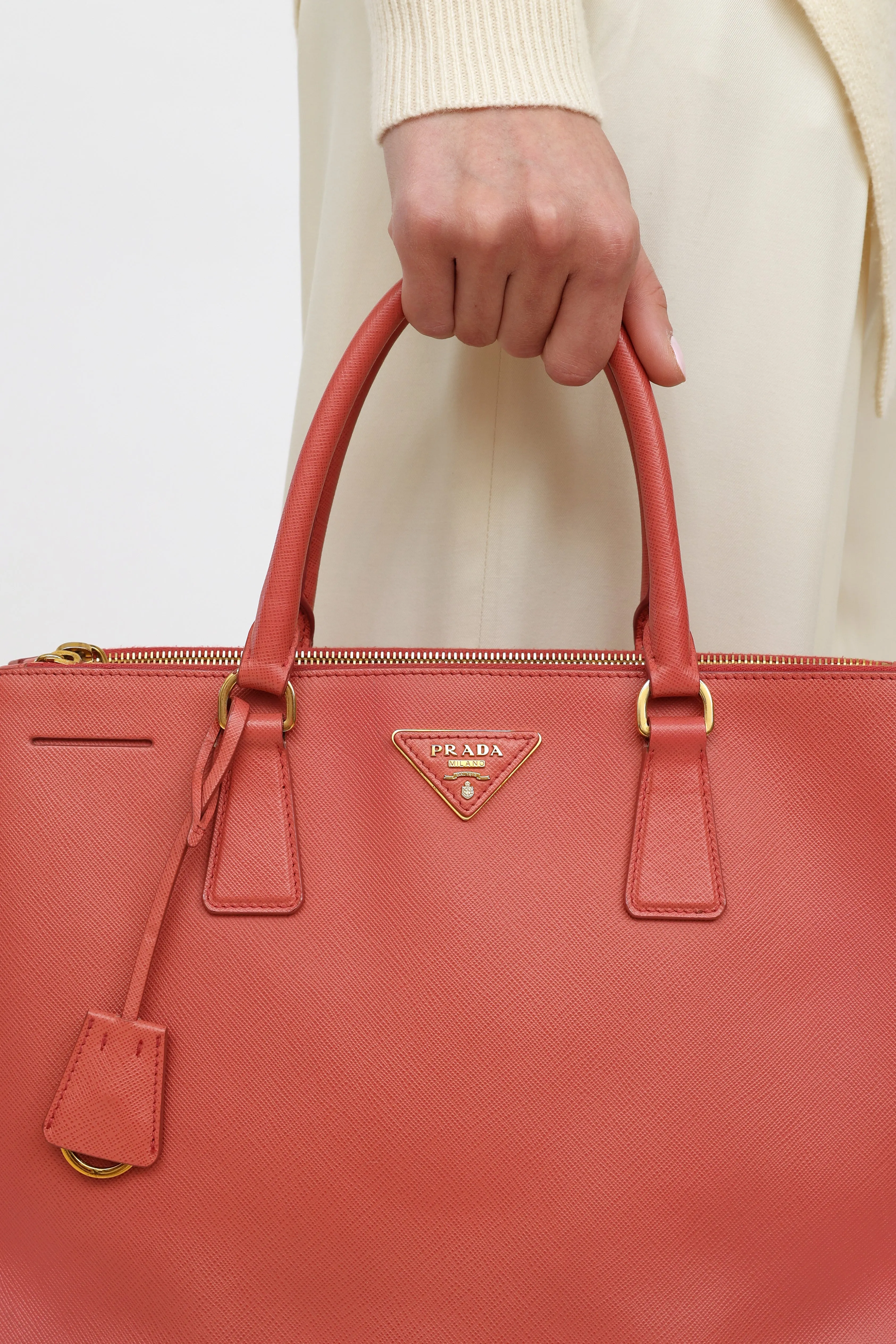 Pink Saffiano Leather Double Zip Galleria Bag