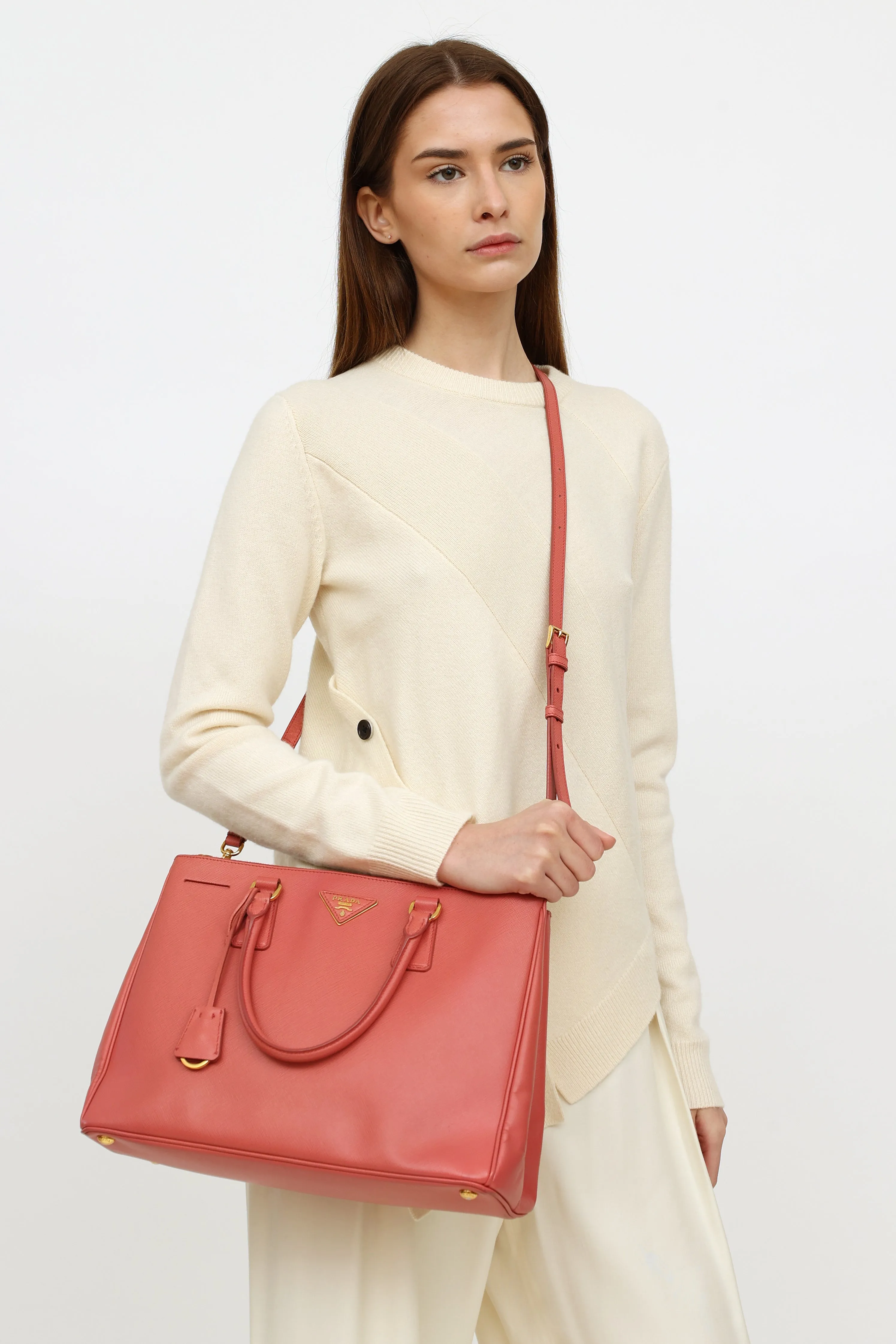 Pink Saffiano Leather Double Zip Galleria Bag