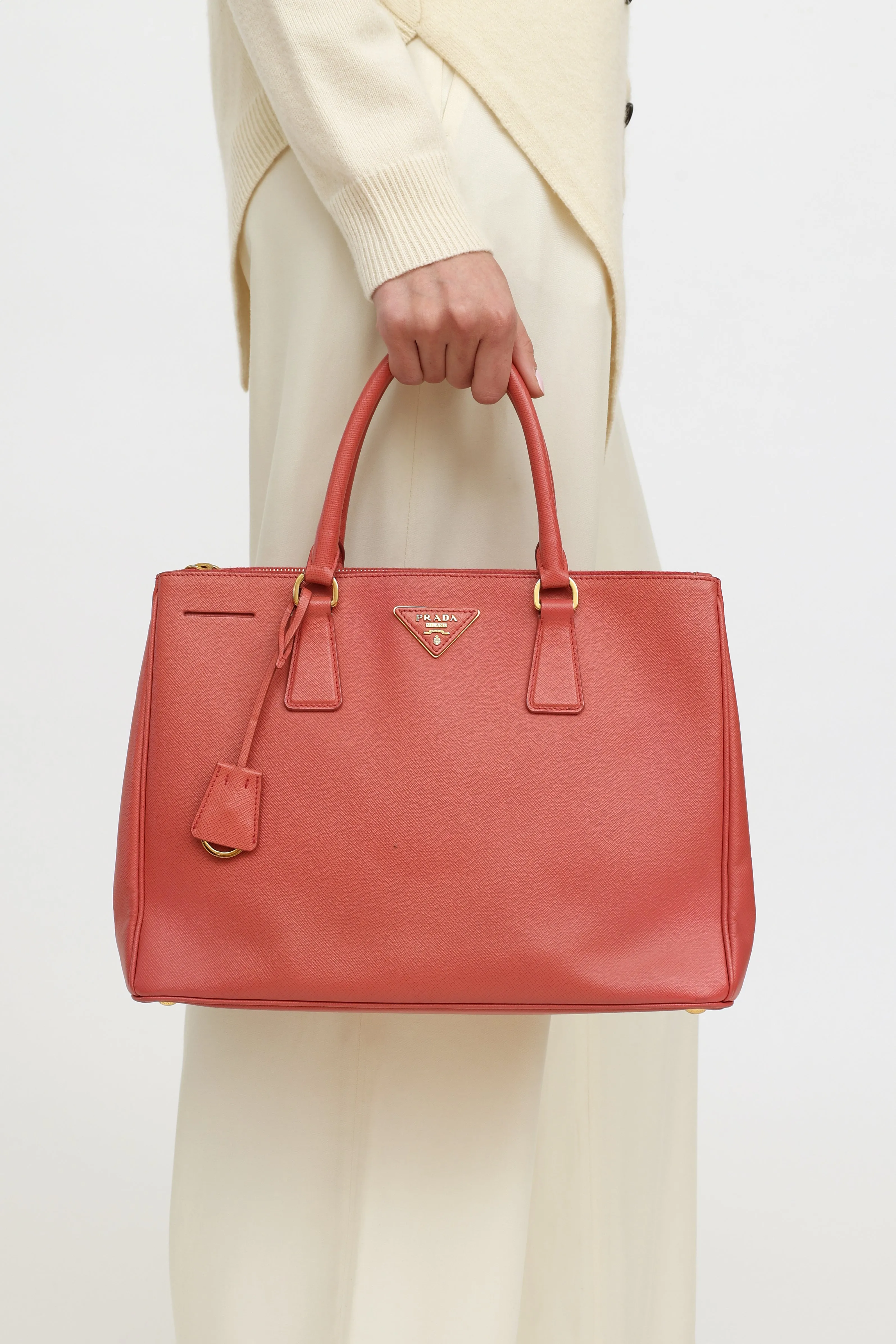 Pink Saffiano Leather Double Zip Galleria Bag