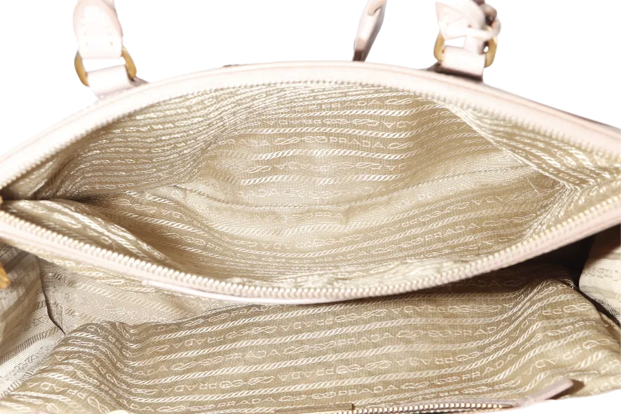 PRADA SMALL GALLERIA 2WAY USE TOTE BAG BEIGE SAFFIANO LEATHER GOLD HARDWARE WITH DUST COVER, NO CARD