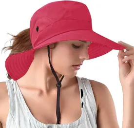 Rosoz Ponytail Sun Bucket Hats for Women UV Protection Foldable Mesh Wide Brim Hiking Beach Fishing Summer Safari