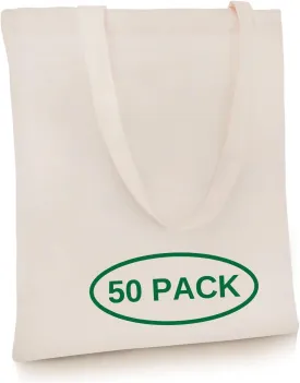 Simply Cool 50-Pack Canvas Tote Bags Bulk, Reusable, Grocery Medium Lightweight Cotton Cloth Bags for Advertising, DIY Projects, Crafts, Painting, Embroidery, Custom Logo