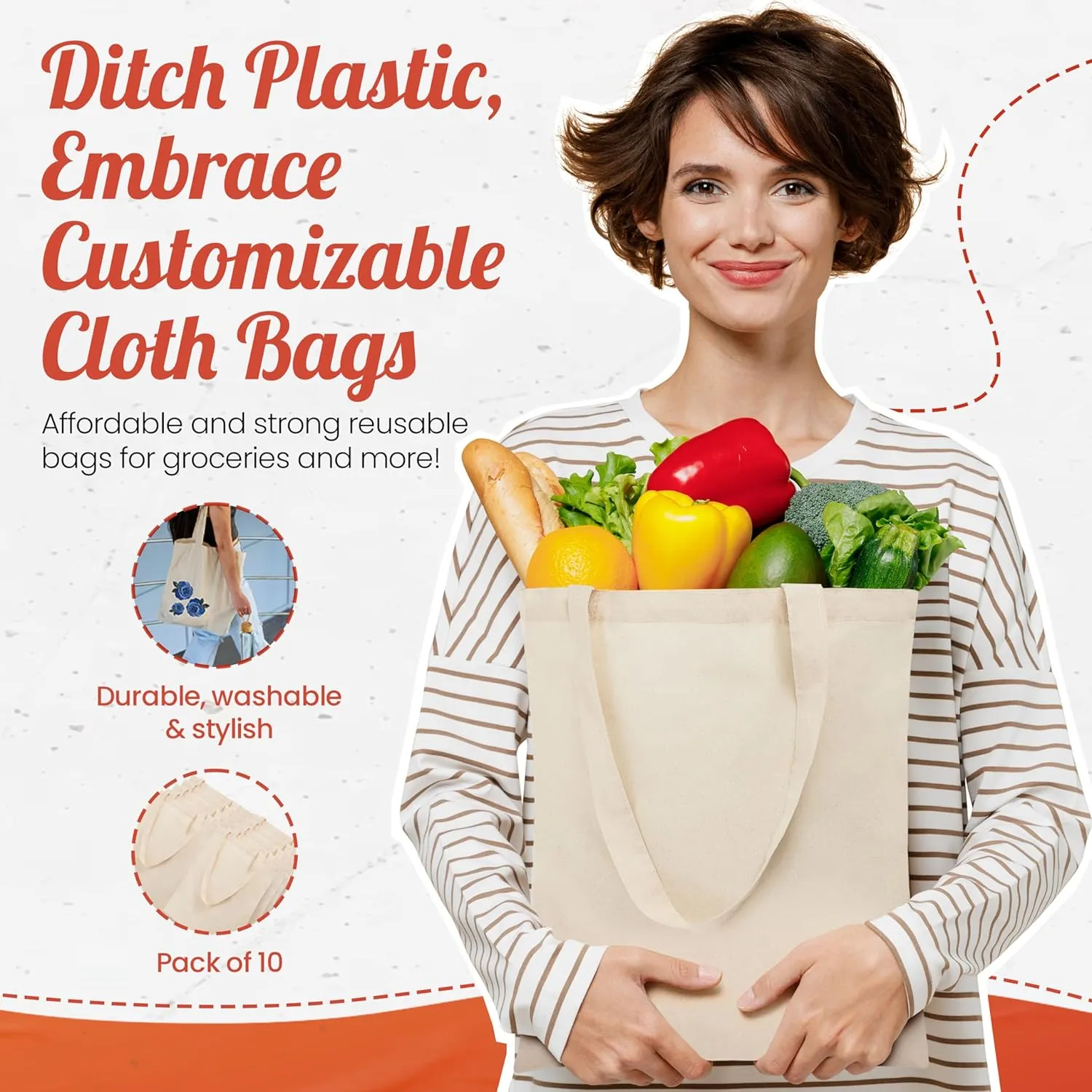 Simply Cool 50-Pack Canvas Tote Bags Bulk, Reusable, Grocery Medium Lightweight Cotton Cloth Bags for Advertising, DIY Projects, Crafts, Painting, Embroidery, Custom Logo