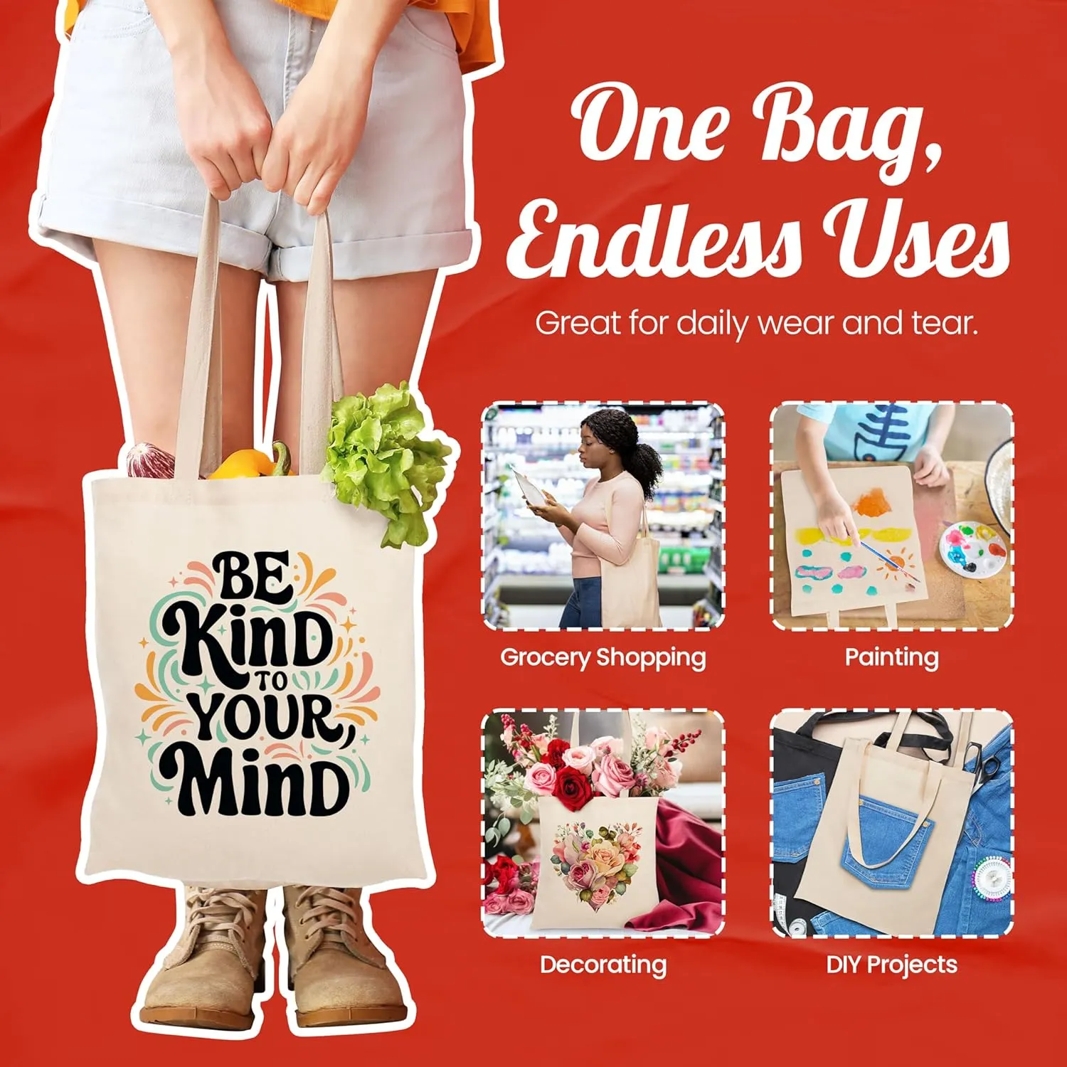 Simply Cool 50-Pack Canvas Tote Bags Bulk, Reusable, Grocery Medium Lightweight Cotton Cloth Bags for Advertising, DIY Projects, Crafts, Painting, Embroidery, Custom Logo