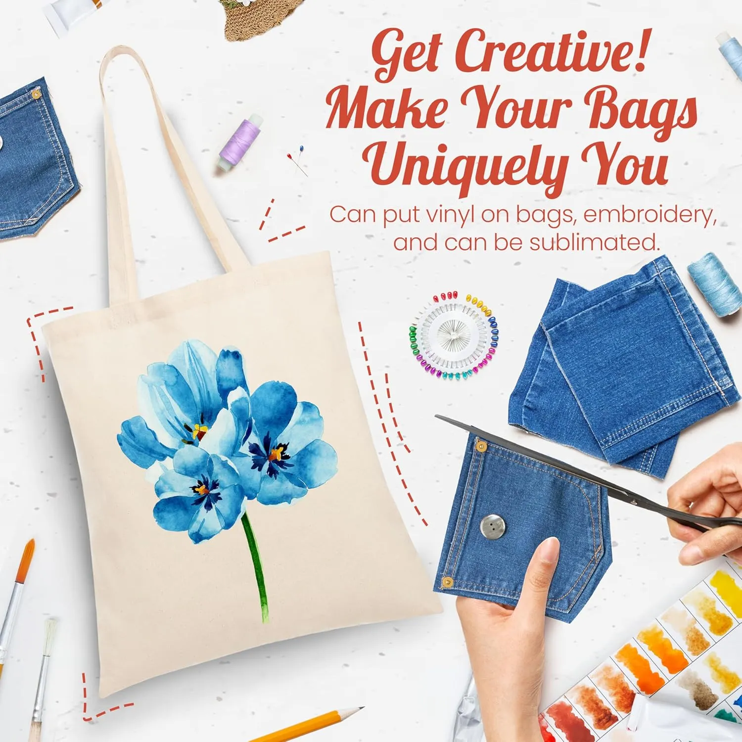 Simply Cool 50-Pack Canvas Tote Bags Bulk, Reusable, Grocery Medium Lightweight Cotton Cloth Bags for Advertising, DIY Projects, Crafts, Painting, Embroidery, Custom Logo