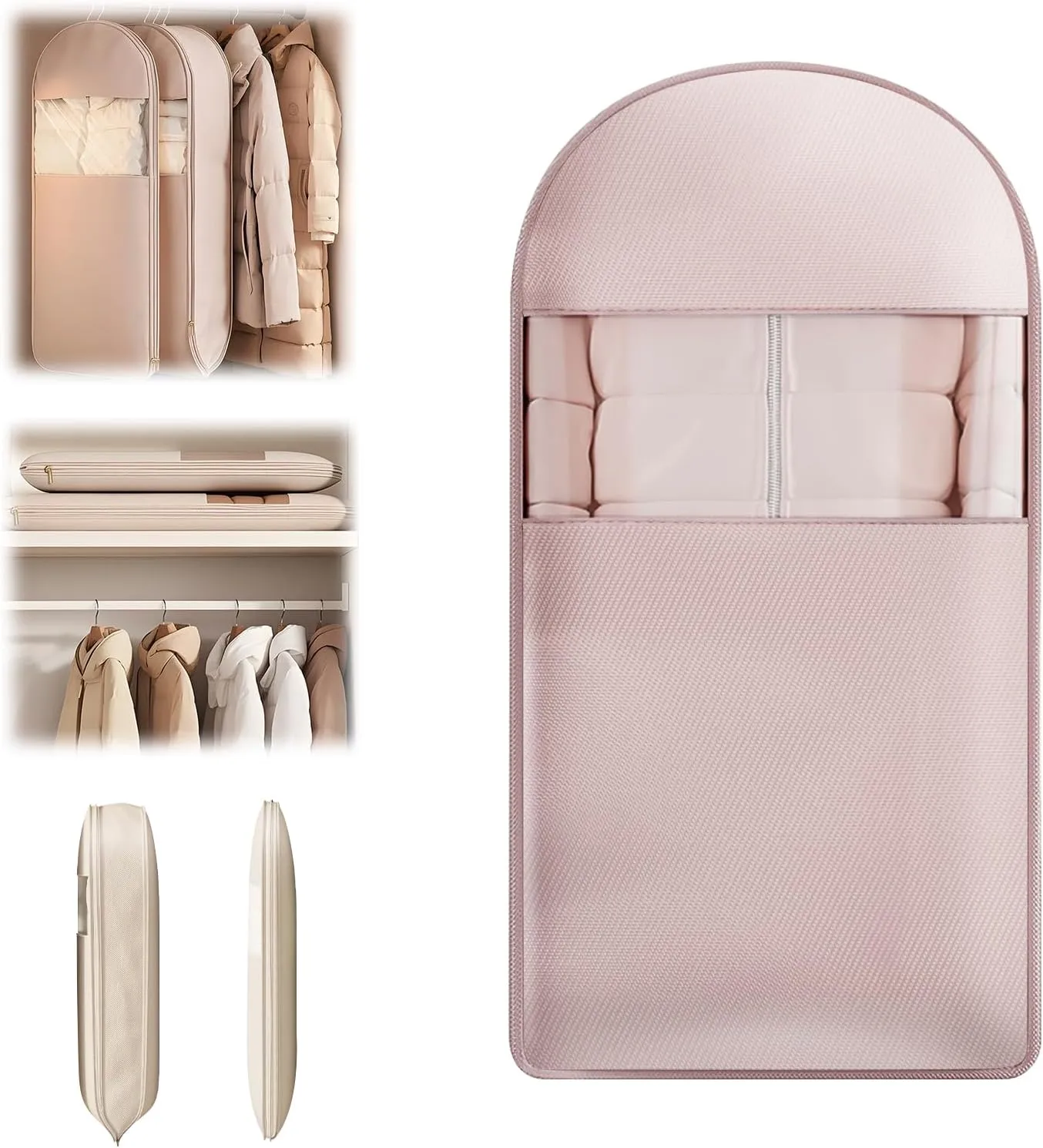 Space Saving Hanging Garment Bag with Self Compression Zipper,Self Compression Zip Garment Bags,Space Saving Hanging Protector,Dust Cover Clothes Bags for Down Coat (Pink,Large)