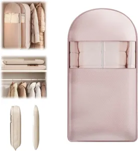 Space Saving Hanging Garment Bag with Self Compression Zipper,Self Compression Zip Garment Bags,Space Saving Hanging Protector,Dust Cover Clothes Bags for Down Coat (Pink,Large)
