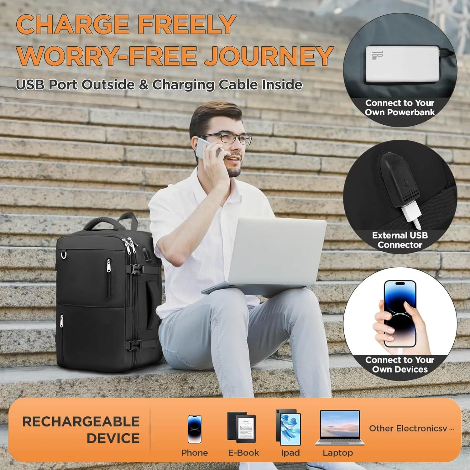 Travel Backpack for Women Men, Large Hand Luggage Backpack, Expandable Hand Luggage Bag, 17'' Laptop Backpack for Outdoor Hiking Business Trip, Black