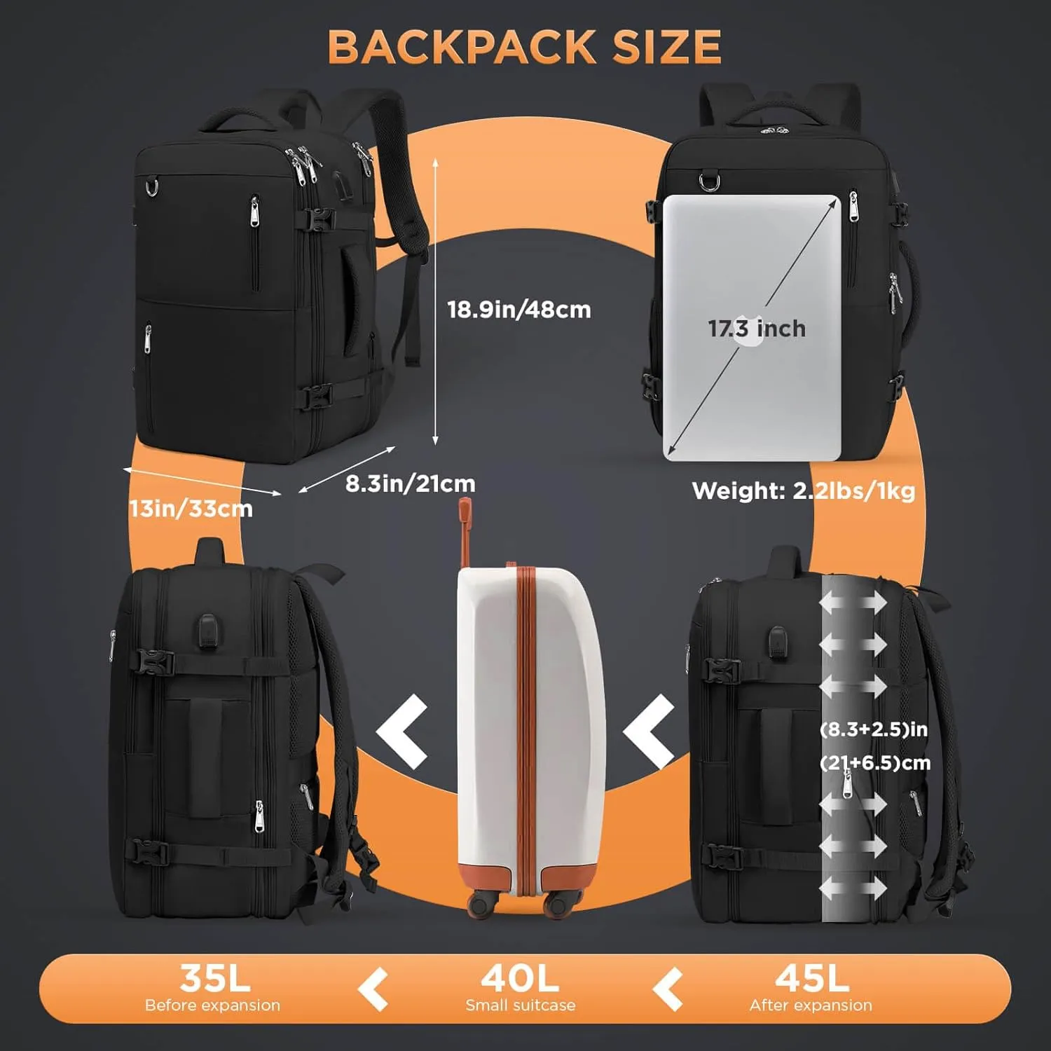 Travel Backpack for Women Men, Large Hand Luggage Backpack, Expandable Hand Luggage Bag, 17'' Laptop Backpack for Outdoor Hiking Business Trip, Black