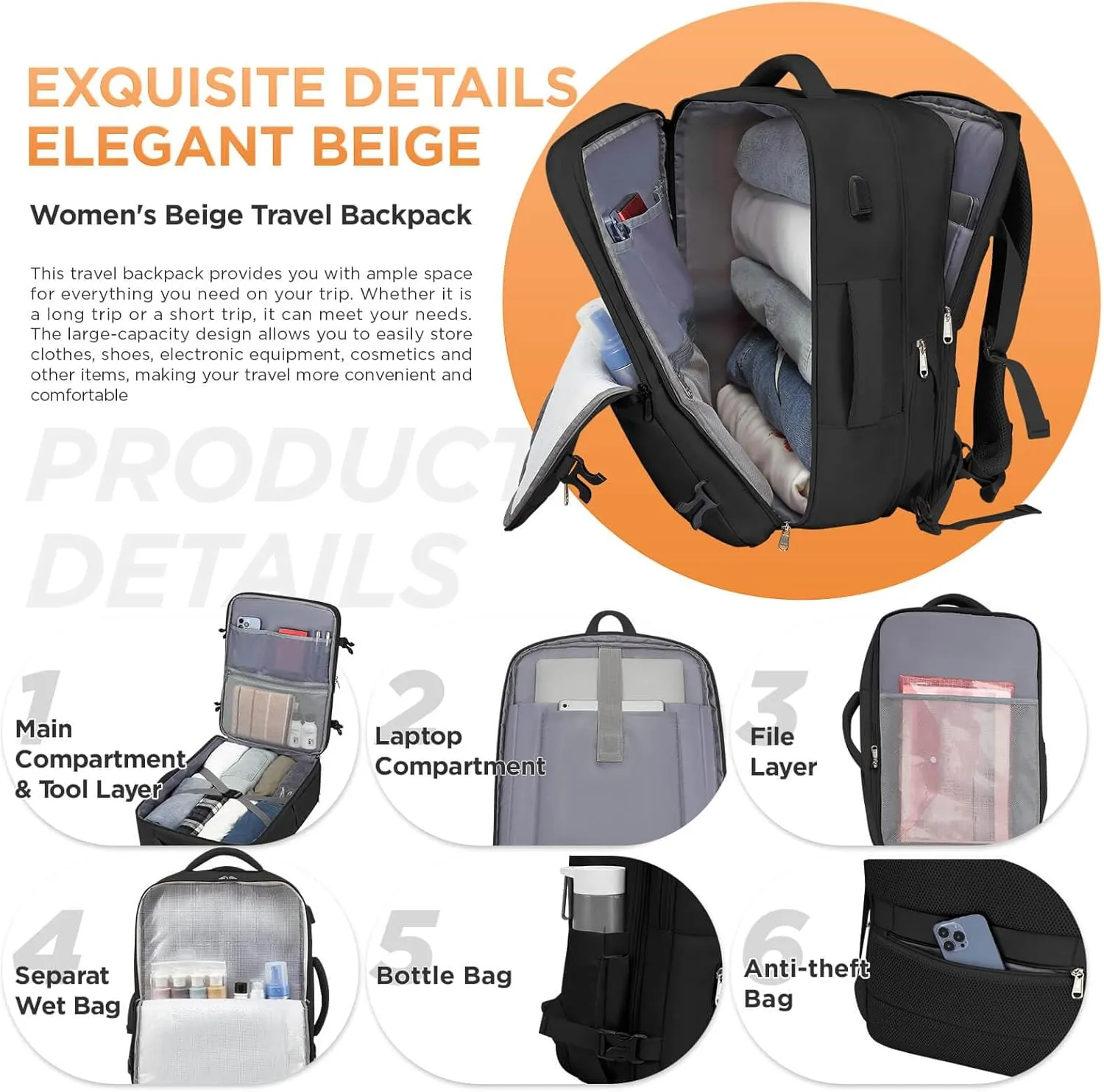 Travel Backpack for Women Men, Large Hand Luggage Backpack, Expandable Hand Luggage Bag, 17'' Laptop Backpack for Outdoor Hiking Business Trip, Black