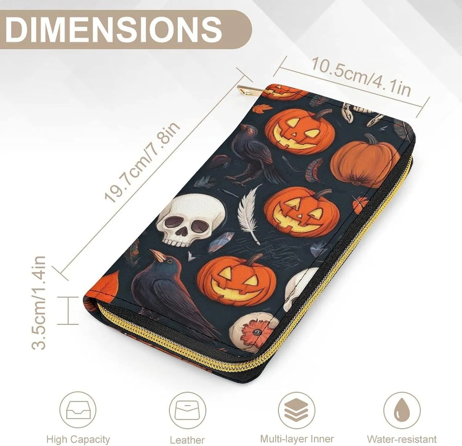 Travel Purse Fashion Design, Huge Storage Capacity Wallet, Cute Decor Wallet, Long PU Zipper Purse Halloween Raven Pumpkin Skull