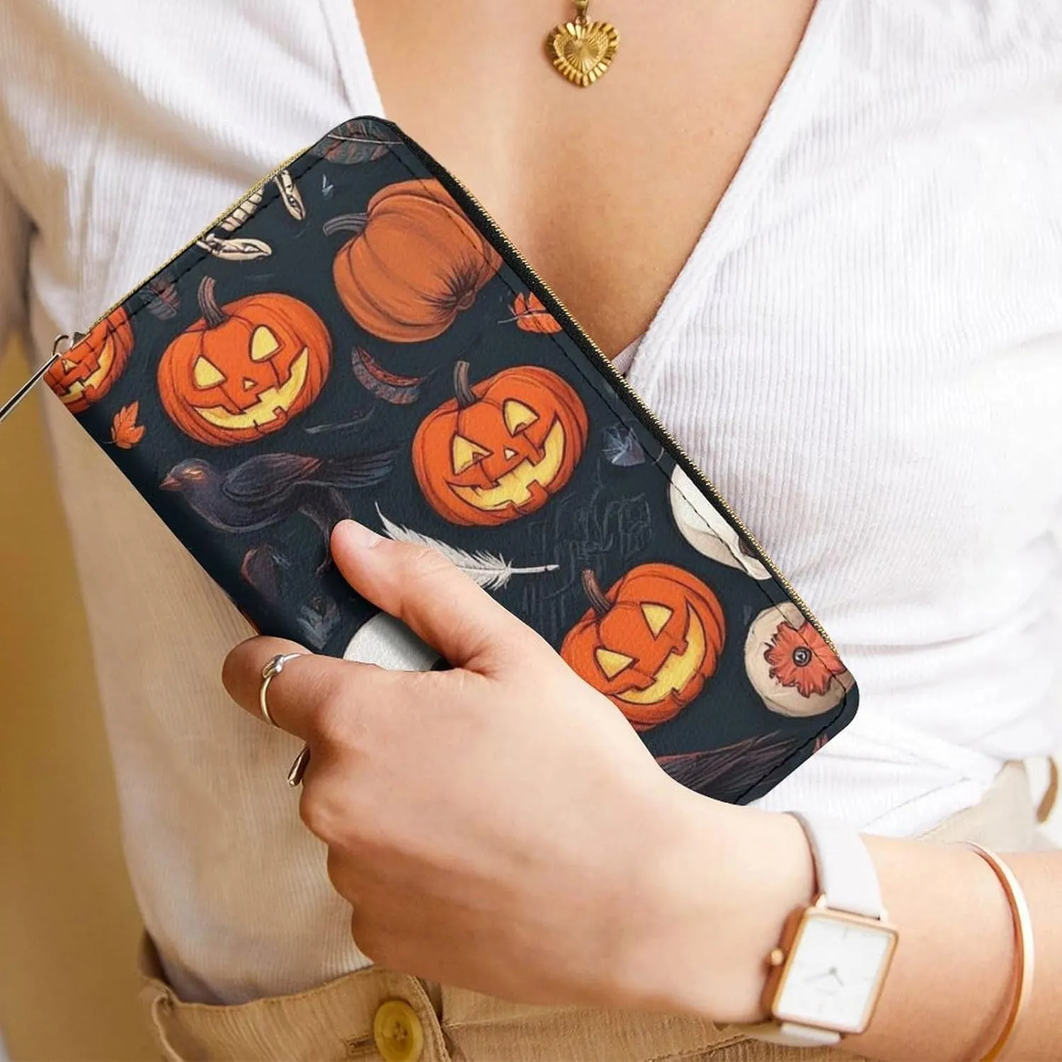 Travel Purse Fashion Design, Huge Storage Capacity Wallet, Cute Decor Wallet, Long PU Zipper Purse Halloween Raven Pumpkin Skull