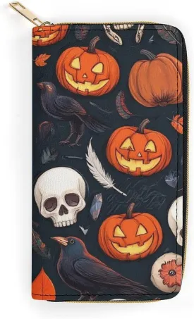 Travel Purse Fashion Design, Huge Storage Capacity Wallet, Cute Decor Wallet, Long PU Zipper Purse Halloween Raven Pumpkin Skull