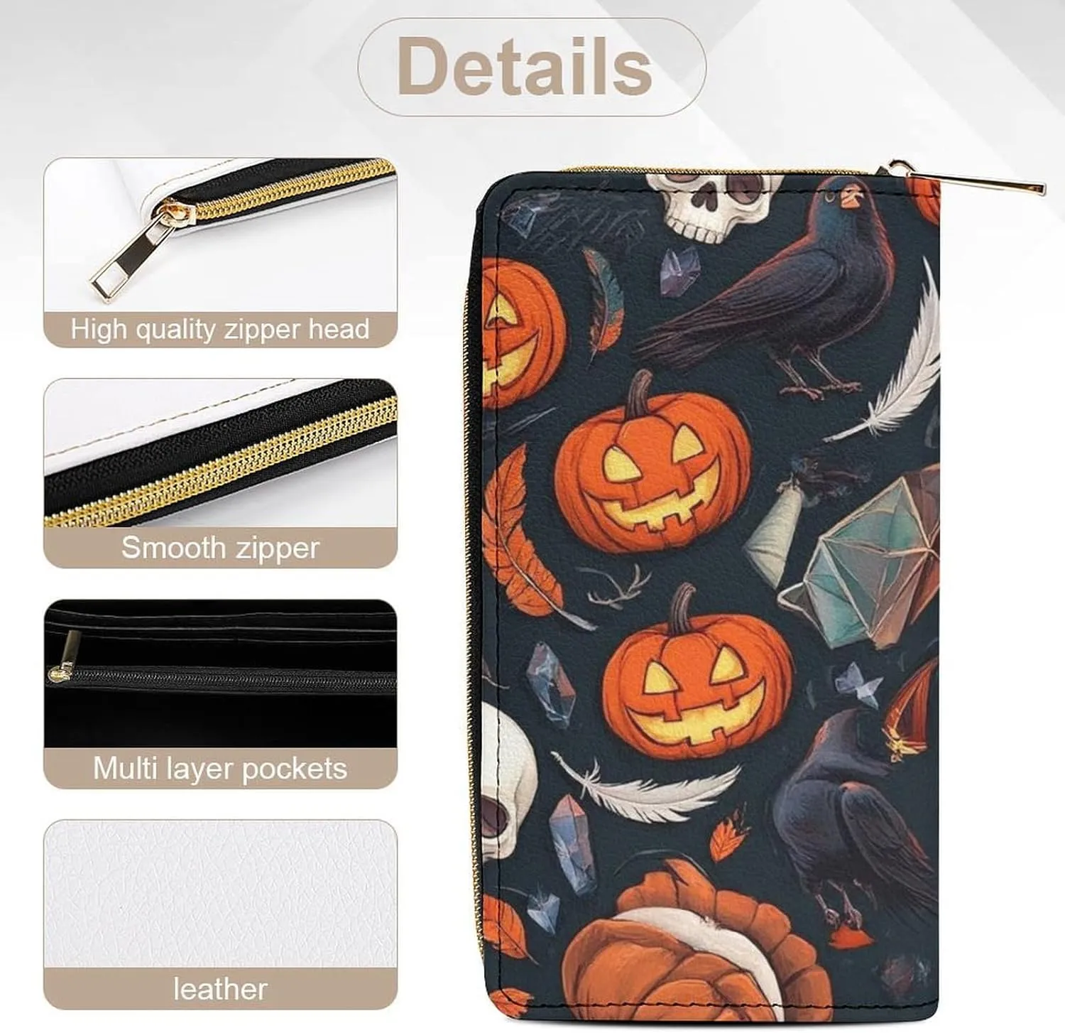 Travel Purse Fashion Design, Huge Storage Capacity Wallet, Cute Decor Wallet, Long PU Zipper Purse Halloween Raven Pumpkin Skull
