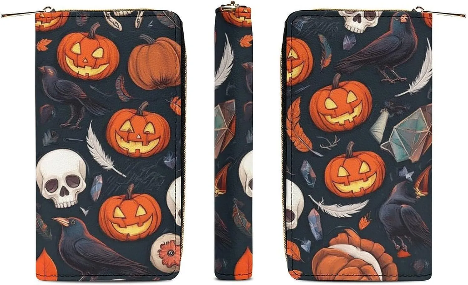 Travel Purse Fashion Design, Huge Storage Capacity Wallet, Cute Decor Wallet, Long PU Zipper Purse Halloween Raven Pumpkin Skull