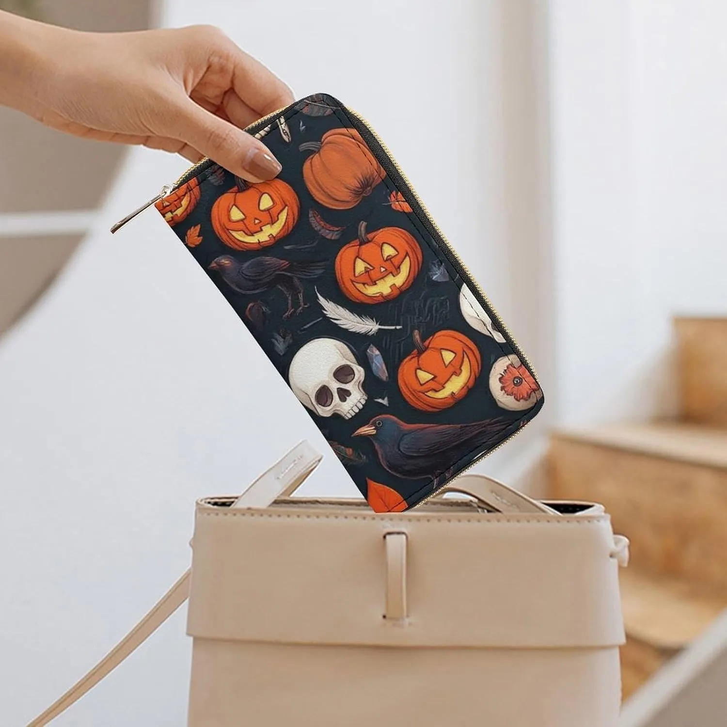 Travel Purse Fashion Design, Huge Storage Capacity Wallet, Cute Decor Wallet, Long PU Zipper Purse Halloween Raven Pumpkin Skull