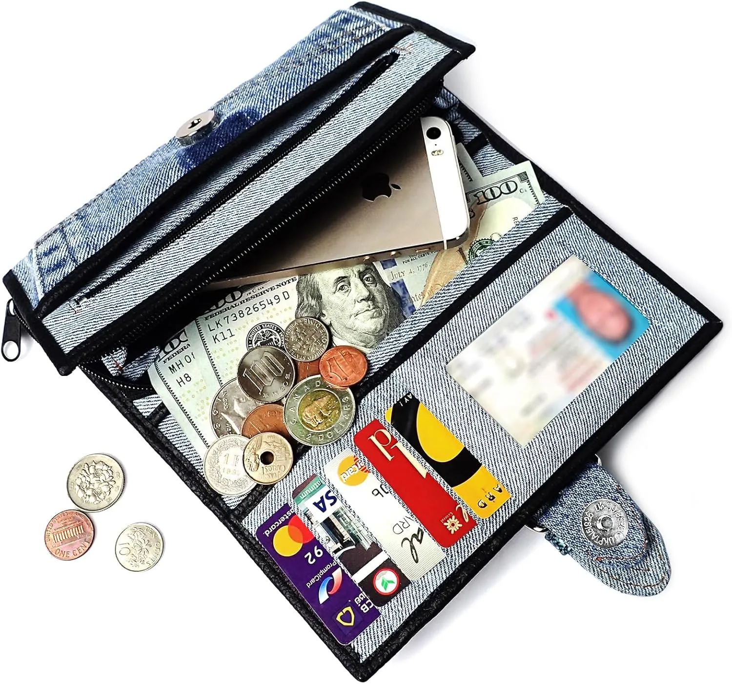 Upcycling Bifold Denim Wallet Decorated Snake skin PU leather Zipper and Buckle Accents Long Wallet Clutch Purse for Women (Black and White)