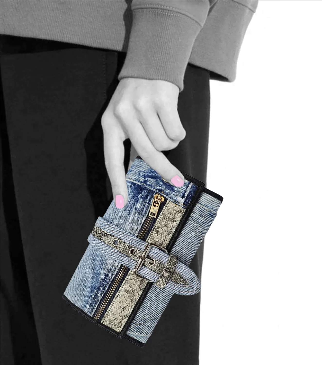 Upcycling Bifold Denim Wallet Decorated Snake skin PU leather Zipper and Buckle Accents Long Wallet Clutch Purse for Women (Black and White)
