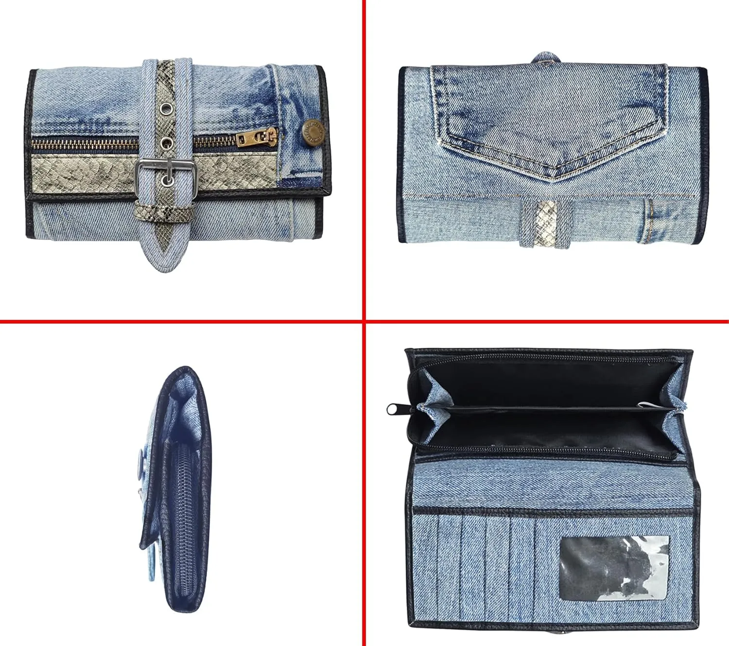 Upcycling Bifold Denim Wallet Decorated Snake skin PU leather Zipper and Buckle Accents Long Wallet Clutch Purse for Women (Black and White)