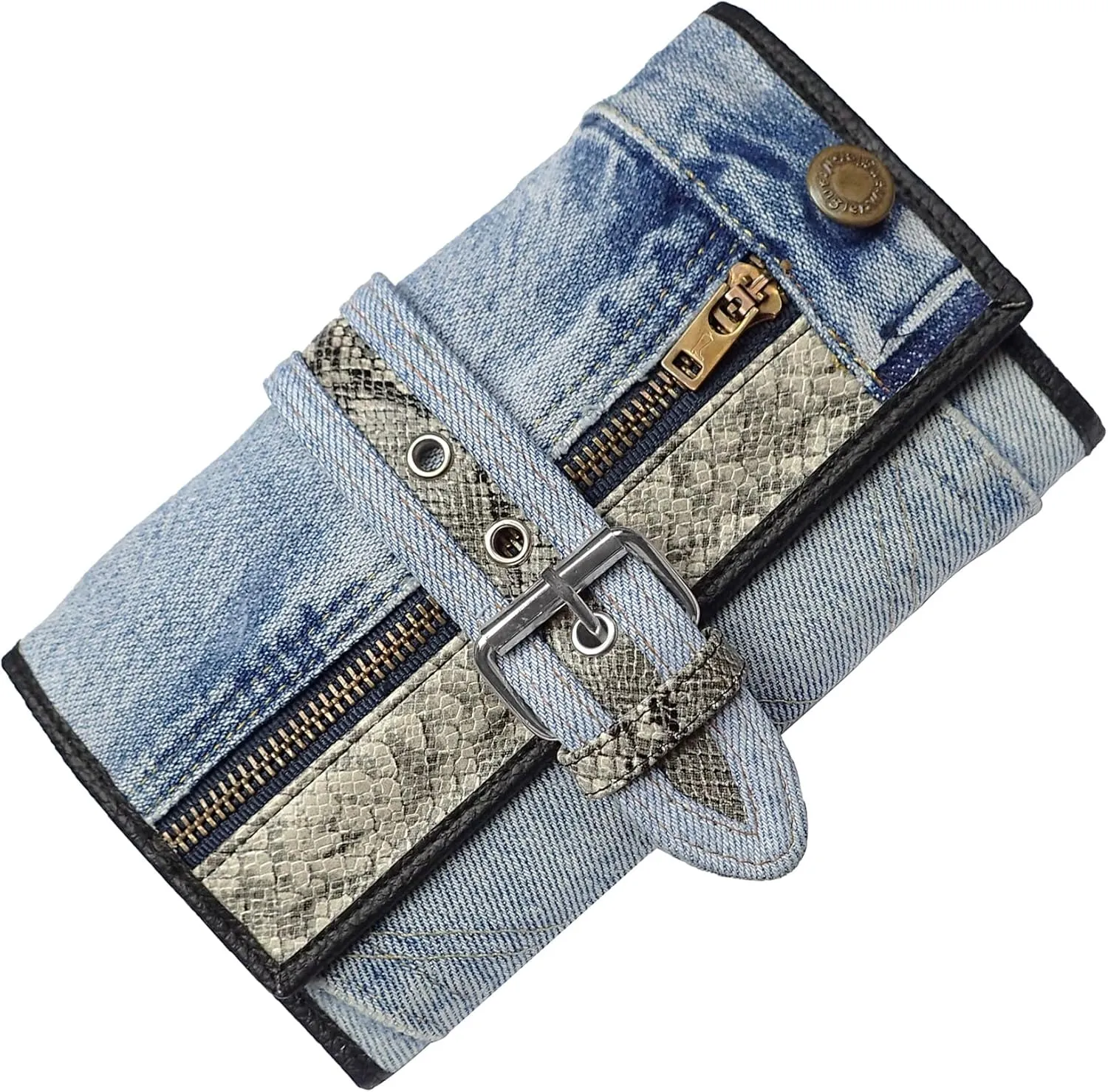 Upcycling Bifold Denim Wallet Decorated Snake skin PU leather Zipper and Buckle Accents Long Wallet Clutch Purse for Women (Black and White)