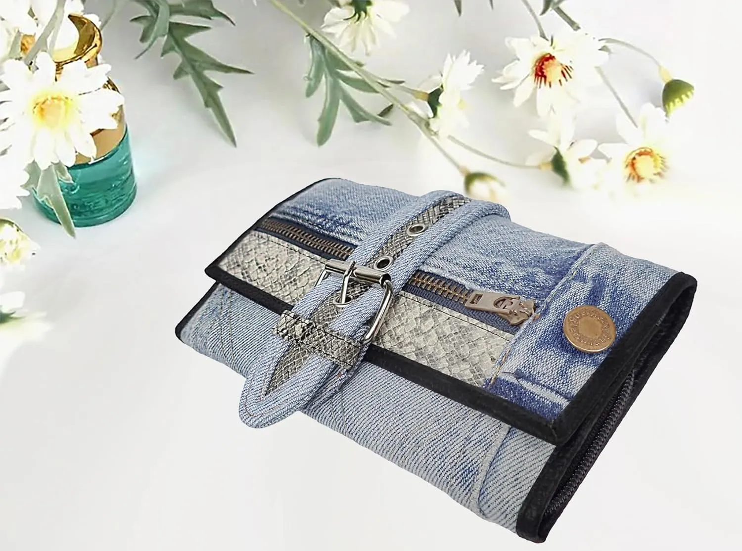 Upcycling Bifold Denim Wallet Decorated Snake skin PU leather Zipper and Buckle Accents Long Wallet Clutch Purse for Women (Black and White)