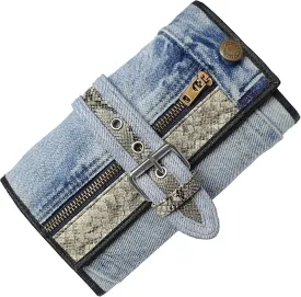 Upcycling Bifold Denim Wallet Decorated Snake skin PU leather Zipper and Buckle Accents Long Wallet Clutch Purse for Women (Black and White)