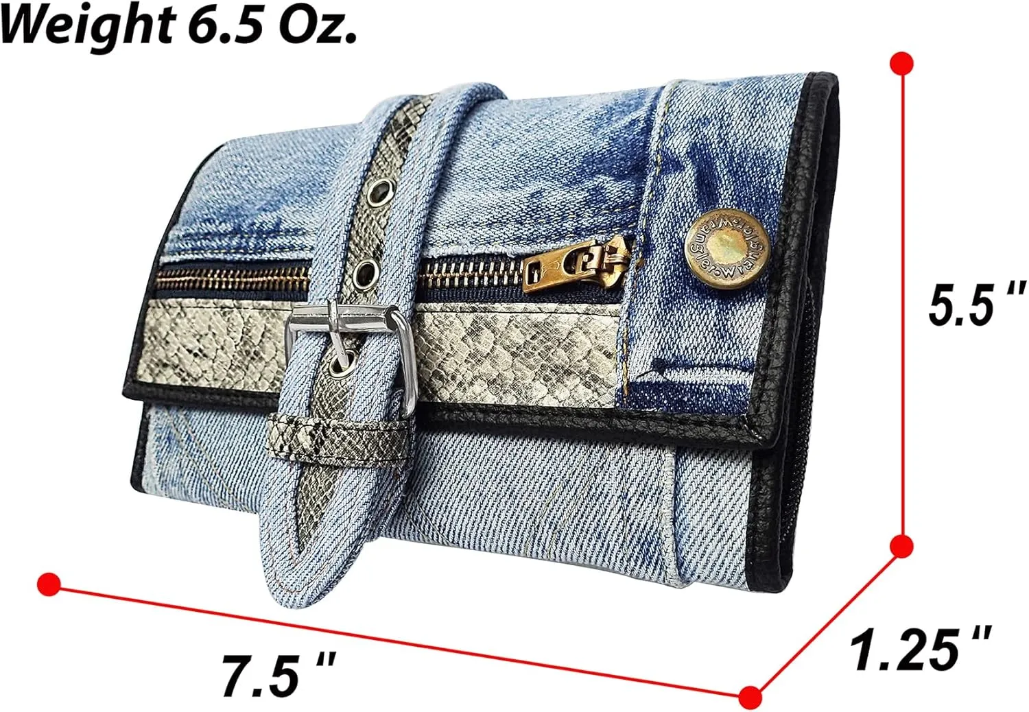 Upcycling Bifold Denim Wallet Decorated Snake skin PU leather Zipper and Buckle Accents Long Wallet Clutch Purse for Women (Black and White)